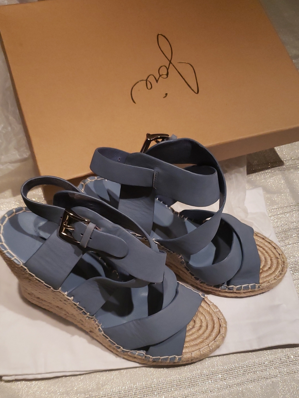 Joie New Wedge Espadrille Strappy Leather Sandal Blue Women's 40/10 - Picture 11 of 16